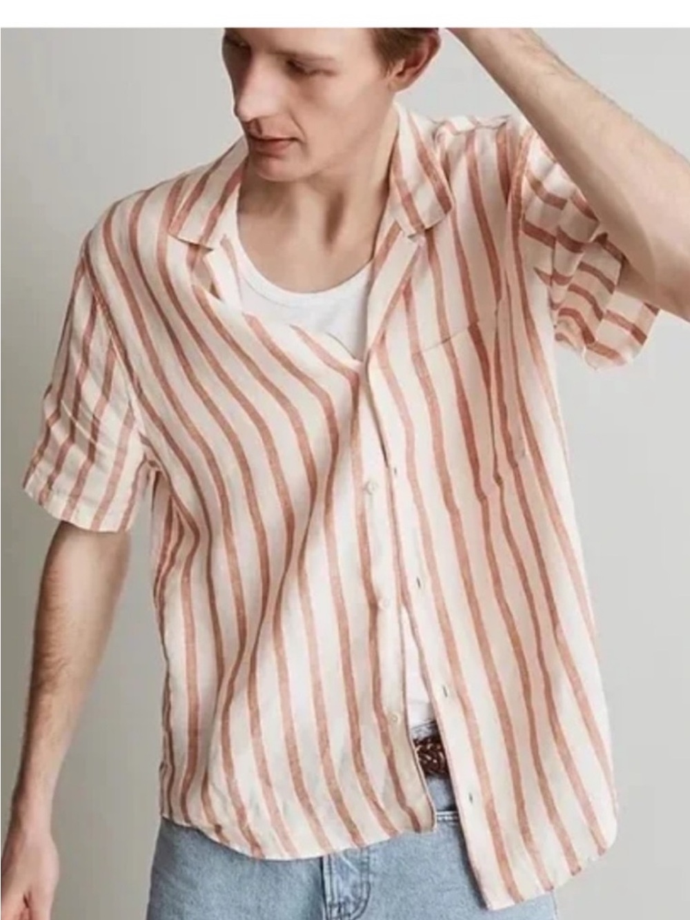 Madewell Men's Casual Striped Short Sleeve Shirt - Cream & Red/Brown
